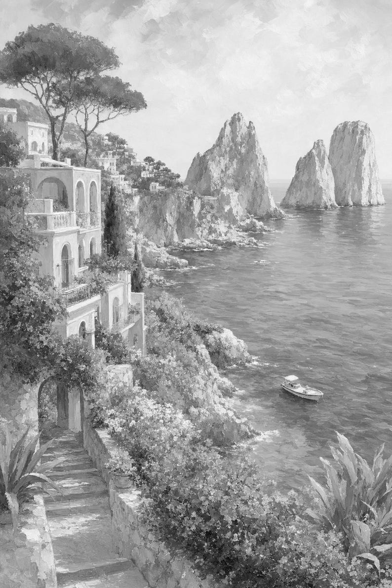 Pôster de Viagem para Capri | Pintura Suave para Parede | Arte Italiana | Impressão Costeira Mediterrânea com Faraglioni | Impresso e Enviado imagem 10