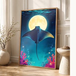 Bioluminescent Manta Ray Poster | Deep Sea Ocean Bathroom Wall Art Print | Dark Coastal Night Print image 1