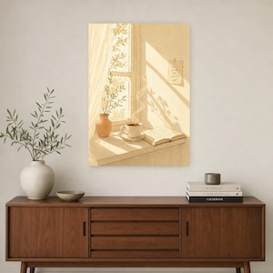 Slow Living Wall Art Print | Morning Coffee Window Poster | Cozy Kitchen Art | Warm Minimal Hand Drawn Wall Decor image 2