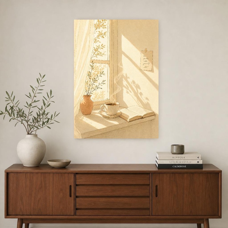 Slow Living Wall Art Print | Morning Coffee Window Poster | Cozy Kitchen Art | Warm Minimal Hand Drawn Wall Decor image 2
