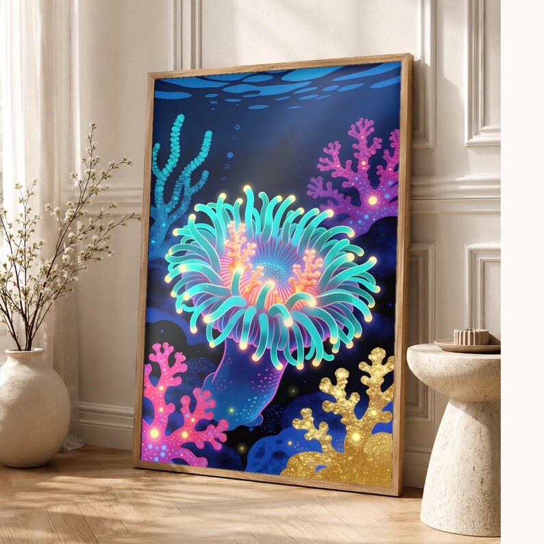 Bioluminescent Sea Anemone Poster | Deep Sea Ocean Bathroom Wall Art Print | Dark Coastal Night Print image 1
