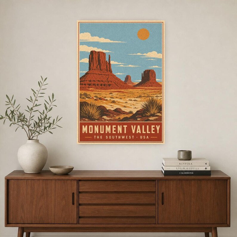 Monument Valley Reiseposter | Vintage Wüstenwandkunst | Südwesten der USA Druck | Dekor im Nationalpark-Stil | Rote Felskunst Bild 2
