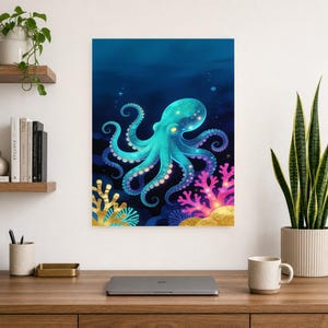 Bioluminescent Octopus Poster | Deep Sea Ocean Bathroom Wall Art Print | Dark Coastal Night Print image 10