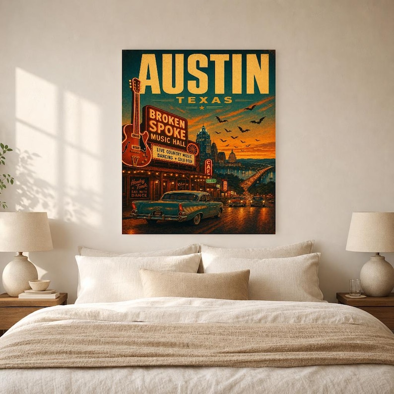 Austin-Reiseposter | Vintage-Druck der Hauptstadt der Livemusik | Texas-Wandbild | Stadtdeko aus der Mitte des 20. Jahrhunderts Bild 5