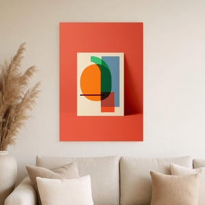Abstracte muurdecoratie met kaki en wasabi | Opvallende poster met kleurblokken | Moderne geometrische print in mid-century stijl afbeelding 3