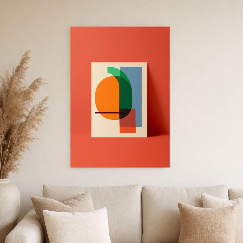Abstracte muurdecoratie met kaki en wasabi | Opvallende poster met kleurblokken | Moderne geometrische print in mid-century stijl afbeelding 3