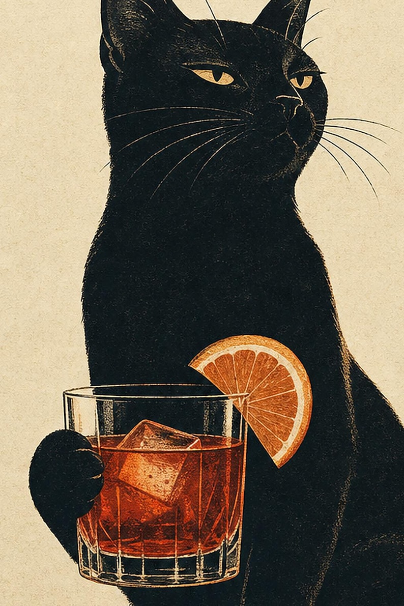 Black Cat Negroni Wall Art Print | Orange Slice Cocktail Poster | Bar Cart Print | Funny Black Cat Club Decor image 3