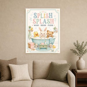 Impresión de arte de pared de baño para niños | Póster al ras del cepillo de lavado Splish Splash | Linda decoración del baño del cuarto de imagen 9