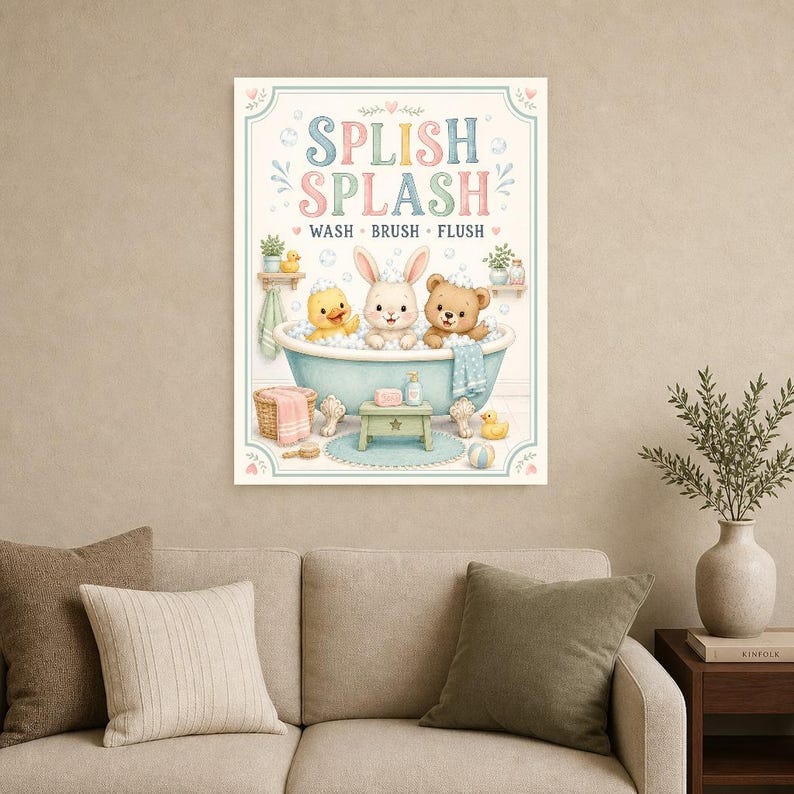 Impresión de arte de pared de baño para niños | Póster al ras del cepillo de lavado Splish Splash | Linda decoración del baño del cuarto de imagen 9