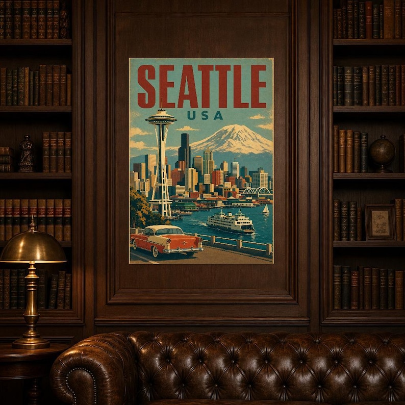 Seattle Travel Poster | Vintage 1950s Space Needle Print | Retro Washington Wall Art | Mid Century City Decor image 5
