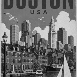 Boston Travel Poster | Vintage 1950s Skyline Harbor Print | Retro Massachusetts Wall Art Print | Mid Century City Decor image 10