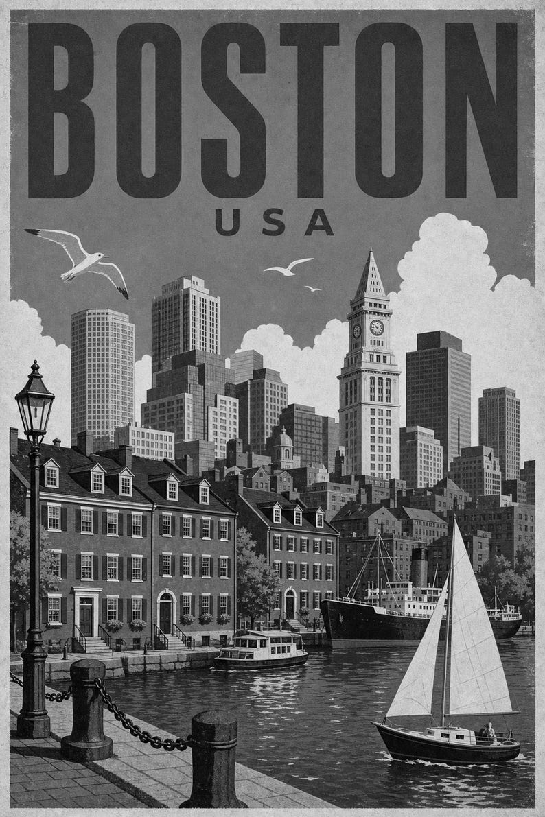 Boston Travel Poster | Vintage 1950s Skyline Harbor Print | Retro Massachusetts Wall Art Print | Mid Century City Decor image 10