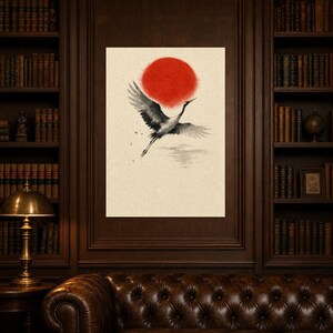 Red Sun Japandi Wall Art Print | Sumi-e Ink Crane Print | Wabi Sabi Living Room Poster image 5