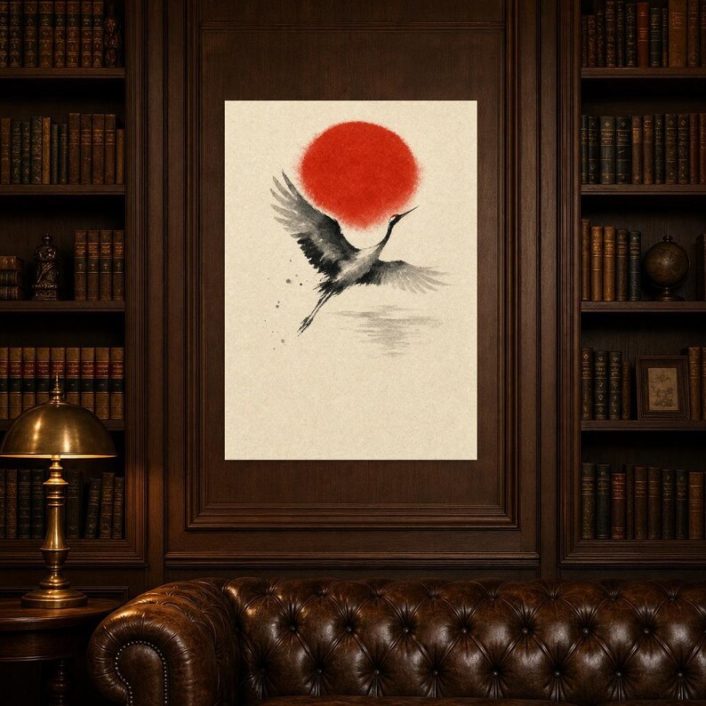 Red Sun Japandi Wall Art Print | Sumi-e Ink Crane Print | Wabi Sabi Living Room Poster image 5