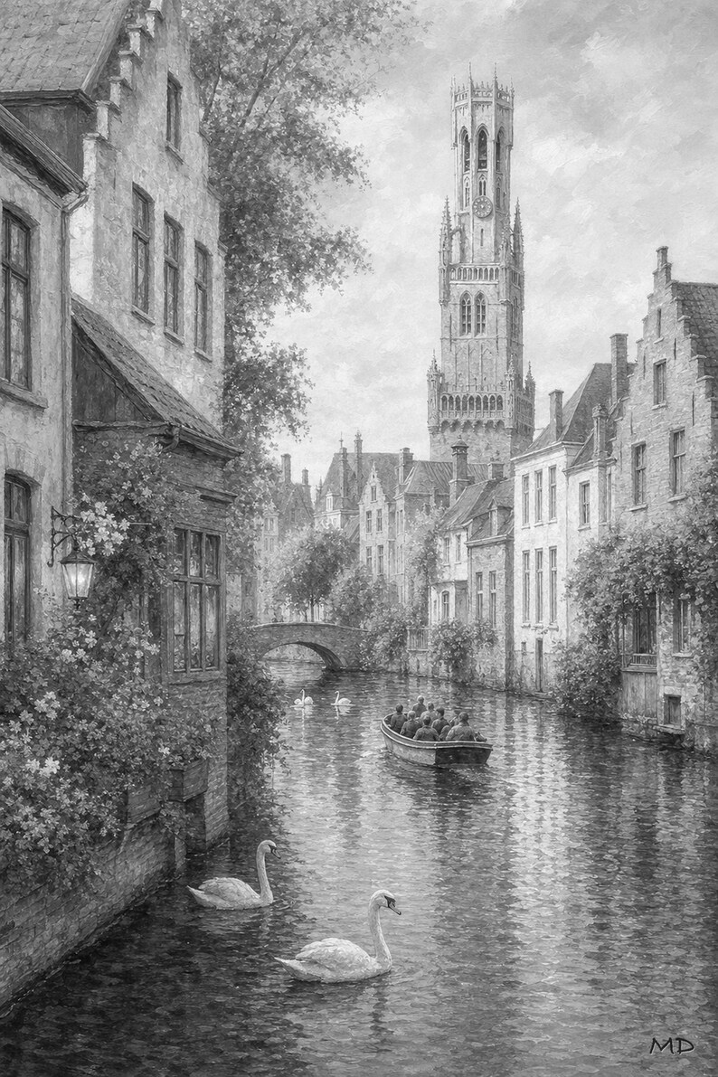 Bruges Travel Poster | Soft Painting Belgium Wall Art | Medieval Canal Cityscape Print | Printed & Shipped image 10