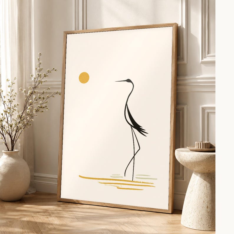 Cream Japandi Crane Wall Art | Zen Line Art Silhouette Poster | Minimalist Nature Gallery Print image 1