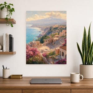 Taormina Travel Poster | Soft Painting Sicily Italy Wall Art | Coastal Etna View Print | Printed & Shipped image 8