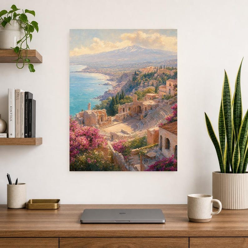 Taormina Travel Poster | Soft Painting Sicily Italy Wall Art | Coastal Etna View Print | Printed & Shipped image 8