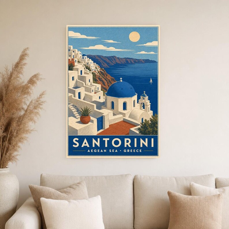 Cartel de viaje de Santorini | Arte de pared vintage de Grecia | Impresión de la Caldera del Egeo | Decoración costera azul blanca | Arte de imagen 4