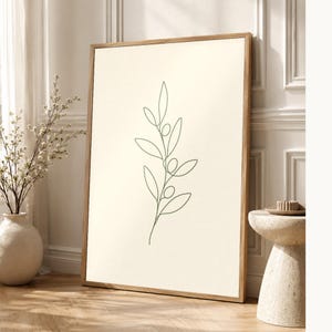 One Line Olive Branch Wall Art Print | Minimalist Line Art Print | Botanical Leaf Poster | Ivory Kitchen Decor | Japandi Sage Line Art image 1