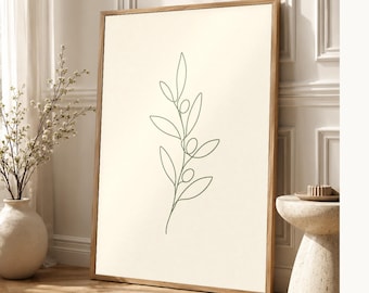 One Line Olive Branch Wall Art Print | Minimalist Line Art Print | Botanical Leaf Poster | Ivory Kitchen Decor | Japandi Sage Line Art