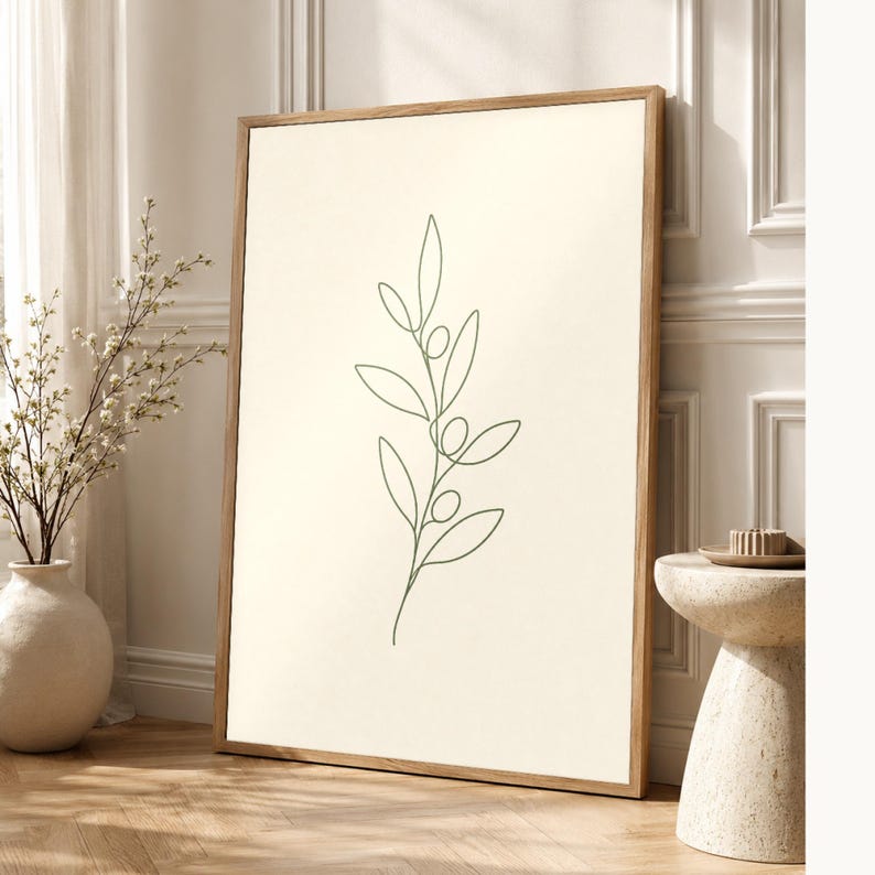 One Line Olive Branch Wall Art Print | Minimalist Line Art Print | Botanical Leaf Poster | Ivory Kitchen Decor | Japandi Sage Line Art image 1