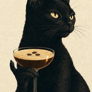 Black Cat Martini Wall Art Print | Espresso Martini Poster | Bar Cart Print | Quirky Black Cat Club Kitchen Decor image 3