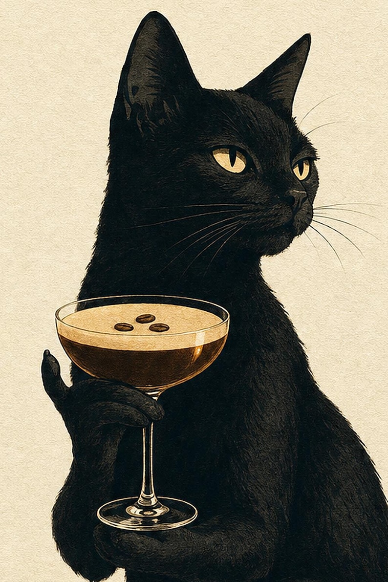 Black Cat Martini Wall Art Print | Espresso Martini Poster | Bar Cart Print | Quirky Black Cat Club Kitchen Decor image 3