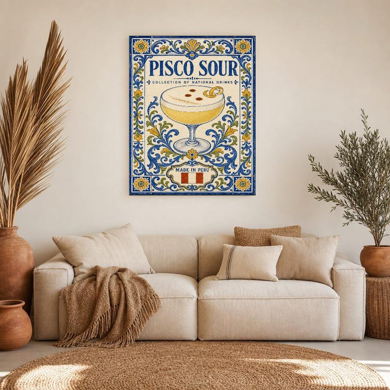 Pisco Sour Cocktail Tile Wall Art Print | Peru National Drink Poster | Azulejo Bar Cart Print | Maiolica Kitchen Decor image 7