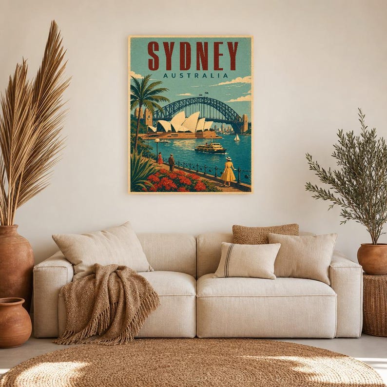 Reseaffisch med Sydney | Vintagetryck av operahuset | Australisk väggkonst | Tryckt och skickad bild 7