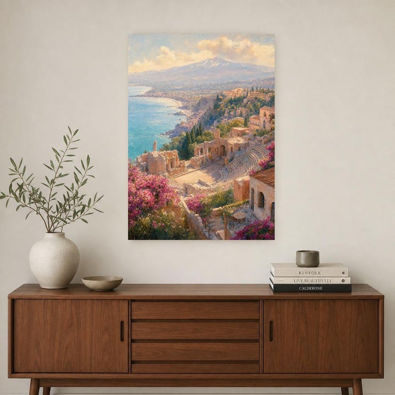 Taormina Travel Poster | Soft Painting Sicily Italy Wall Art | Coastal Etna View Print | Printed & Shipped image 2