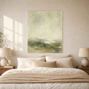 Moody Green Abstract Wall Art Print | Panoramic Color Field Print | Sage Watercolor Landscape Poster | Wabi-Sabi Living Room Decor image 6