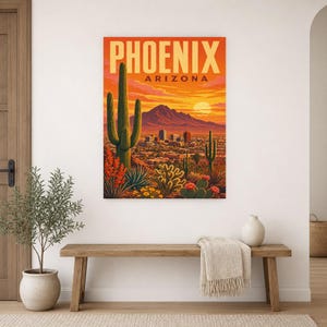 Póster de viaje de Phoenix | Lámina vintage de una puesta de sol en el desierto de Sonora | Lámina decorativa de Arizona | Decoración urbana de mediados de siglo imagen 9