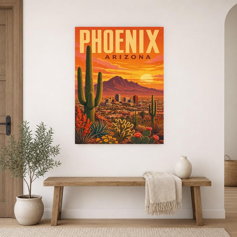 Póster de viaje de Phoenix | Lámina vintage de una puesta de sol en el desierto de Sonora | Lámina decorativa de Arizona | Decoración urbana de mediados de siglo imagen 9