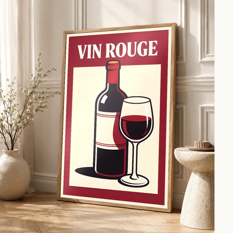 Red Wine Kitchen Wall Art Print | Retro Bistro Bar Poster | French Maximalist Bar Cart Print | Dining Room Decor image 1