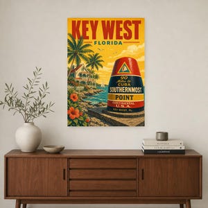 Key West Travel Poster | Vintage Southernmost Point Print | Florida Wall Art Print | Mid Century City Decor image 2