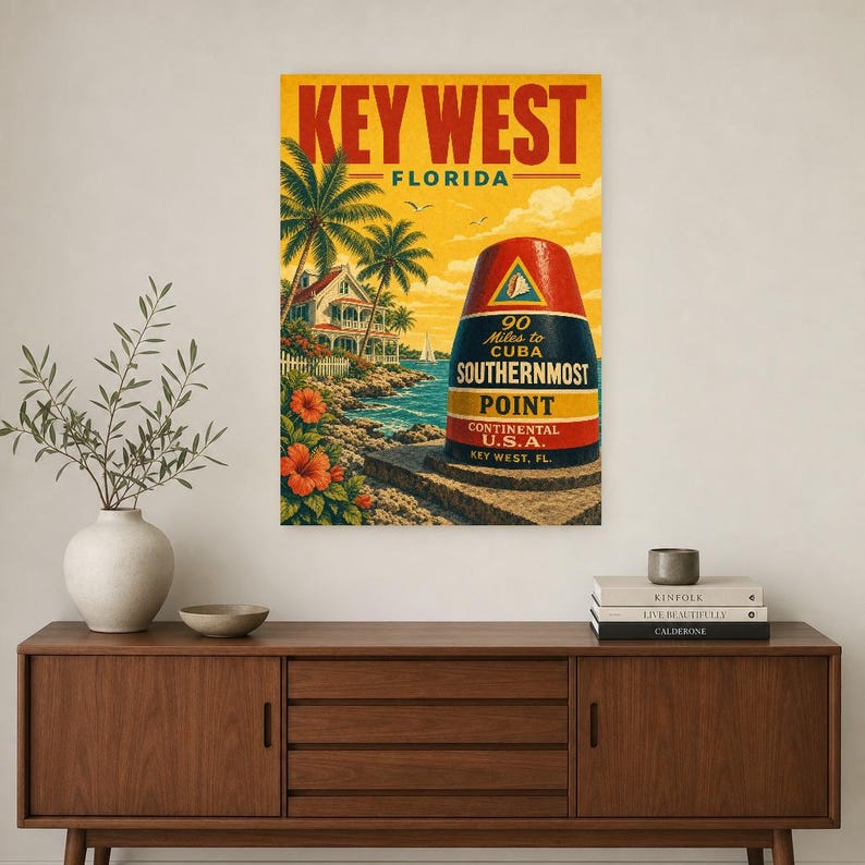 Key West Travel Poster | Vintage Southernmost Point Print | Florida Wall Art Print | Mid Century City Decor image 2
