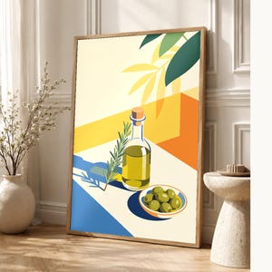 Mediterraner Olivenöl-Küchendruck | Dolce Vita Italienischer Wandkunstdruck | Esszimmer-Sommerdekoration Bild 1
