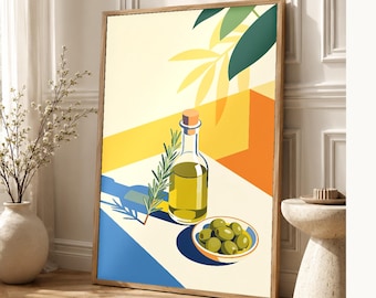 Impresión de cocina de aceite de oliva mediterráneo | Impresión de arte de pared italiana Dolce Vita | Decoración De Verano Del Comedor