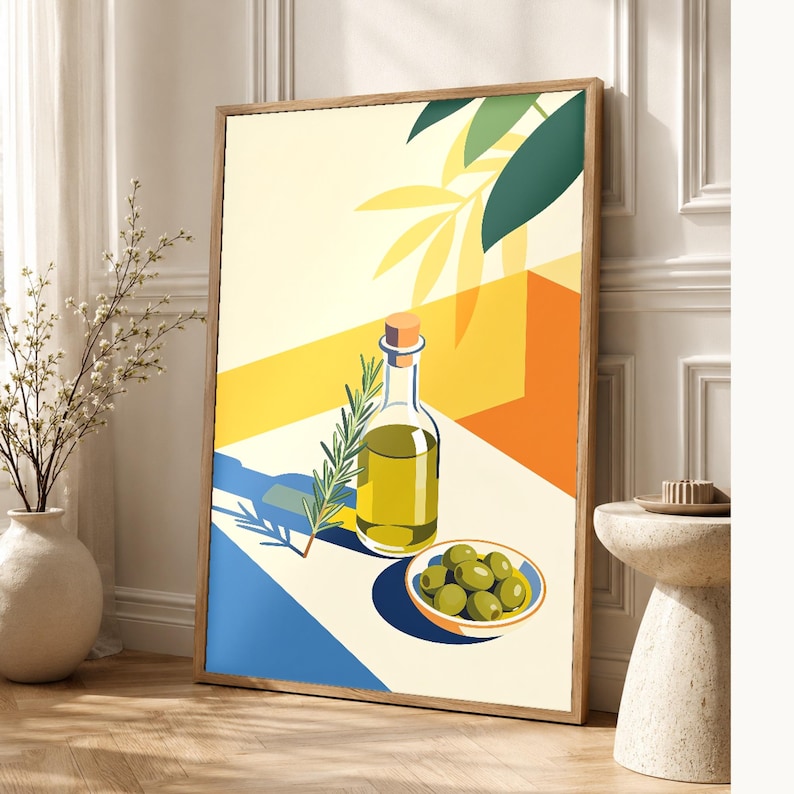 Mediterraner Olivenöl-Küchendruck | Dolce Vita Italienischer Wandkunstdruck | Esszimmer-Sommerdekoration Bild 1