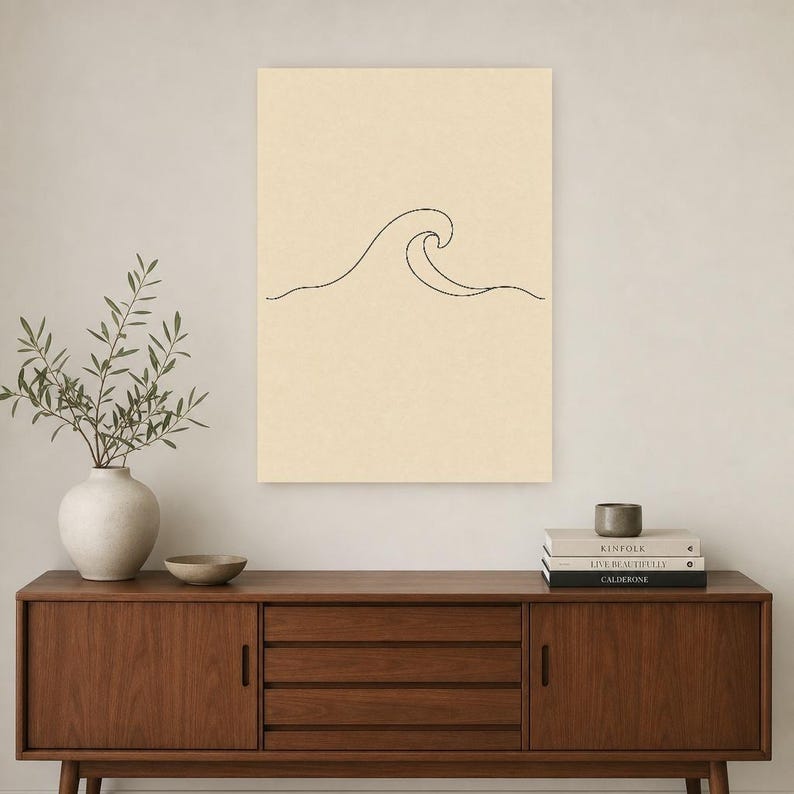 Väggkonsttryck med havsvågor på en linje | Minimalistisk linjekonsttryck | Abstrakt vågposter | Japandi beige kustdekor | Skandinavisk bild 2