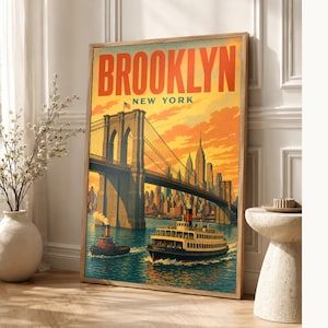 Pôster de viagem do Brooklyn | Impressão vintage da Ponte do Brooklyn dos anos 1950 | Impressão de arte de parede de Nova York | Decoração urbana de meados do século imagem 1
