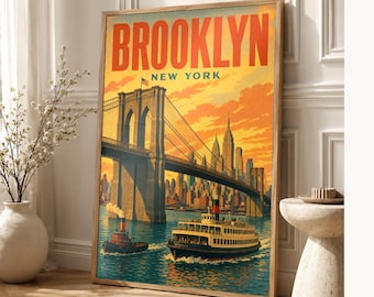 Brooklyn Travel Poster | Vintage 1950s Brooklyn Bridge Print | New York Wall Art Print | Mid Century City Decor