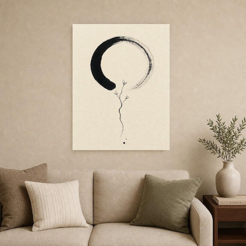Zen Enso and Branch Japandi Wall Art Print | Mono Line Ink Print | Wabi Sabi Cream Poster Decor image 9