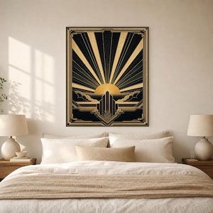 Impresión artística de pared Art Déco Sunburst | Póster geométrico negro dorado | Decoración de pared estilo Neo Deco Gatsby | Elegante esta imagen 6