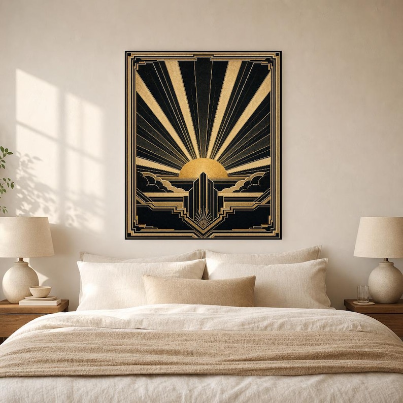 Impresión artística de pared Art Déco Sunburst | Póster geométrico negro dorado | Decoración de pared estilo Neo Deco Gatsby | Elegante esta imagen 6