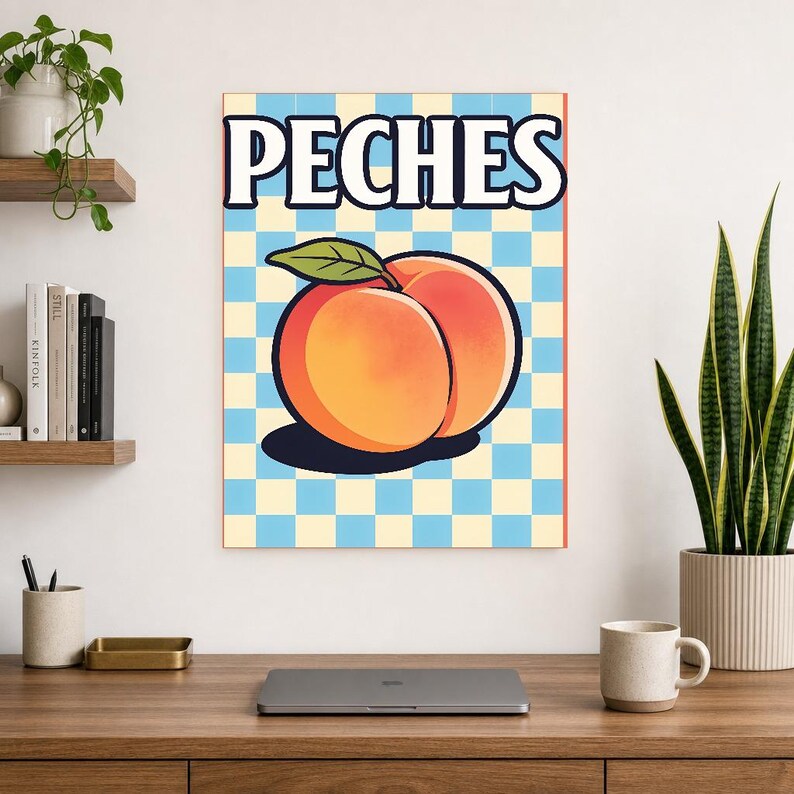 Reprodukcja ściany kuchennej w kolorze brzoskwiniowym | Plakat Owocowy Retro Bistro | Maksymalistyczna kuchnia Cottagecore Print | Wystrój j zdjęcie 13