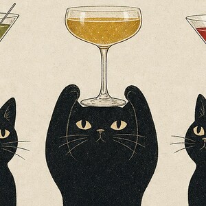 Black Cat Cocktail Wall Art Print | Martini Trio Poster | Bar Cart Print | Quirky Black Cat Club Lounge Decor image 3