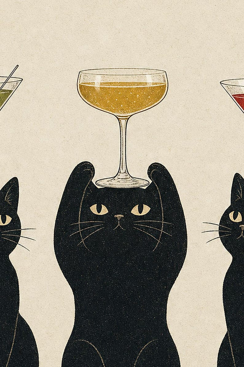 Black Cat Cocktail Wall Art Print | Martini Trio Poster | Bar Cart Print | Quirky Black Cat Club Lounge Decor image 3