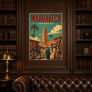 Plakat podróżniczy z Marrakeszu | Druk z targu w stylu vintage | Sztuka ścienna z Maroka | Wydruk i wysyłka zdjęcie 5